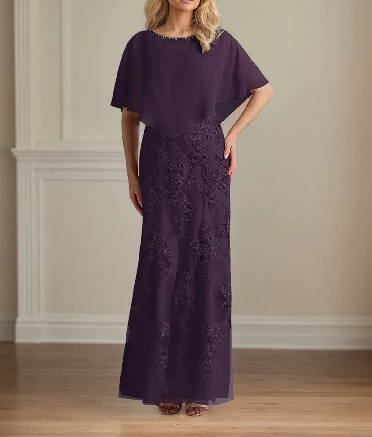 Trumpet/Mermaid Chiffon Scoop Neck Cape Sleeve Floor Length Dress