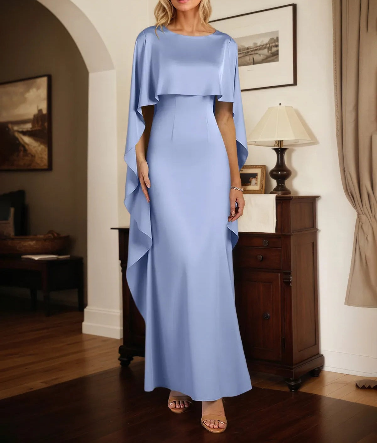 Sheath/Column Stretch Crepe Boat Neck Cape Sleeves Floor Length Dress