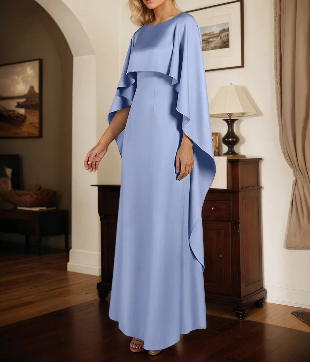 Sheath/Column Stretch Crepe Boat Neck Cape Sleeves Floor Length Dress