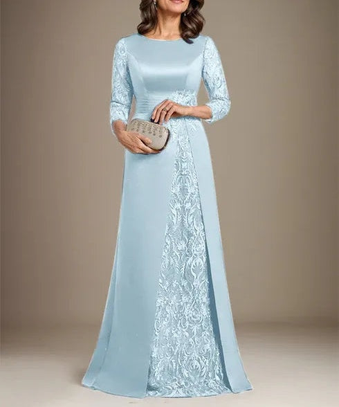 A-Line Scoop Floor-Length Lace Satin Mother Of the Bride Dress With Applique