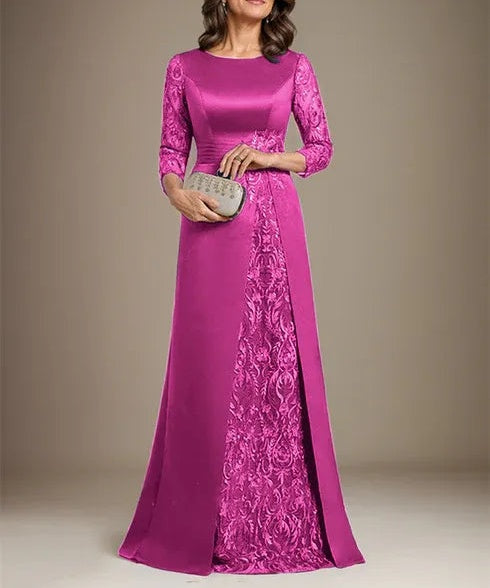 A-Line Scoop Floor-Length Lace Satin Mother Of the Bride Dress With Applique