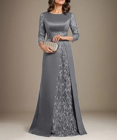 A-Line Scoop Floor-Length Lace Satin Mother Of the Bride Dress With Applique