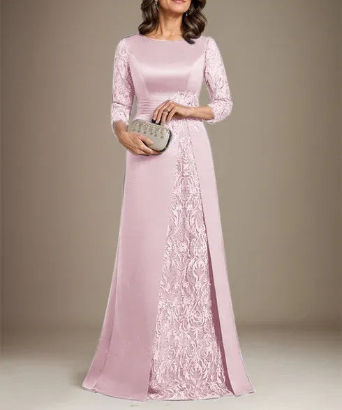A-Line Scoop Floor-Length Lace Satin Mother Of the Bride Dress With Applique