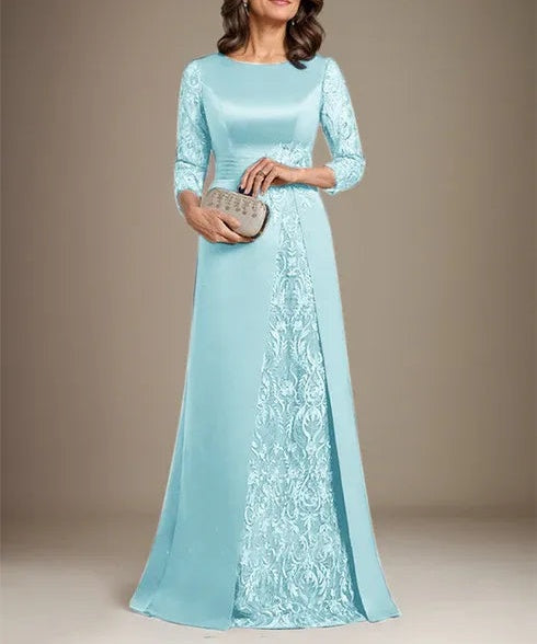 A-Line Scoop Floor-Length Lace Satin Mother Of the Bride Dress With Applique