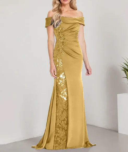 A-Line Off the Shoulder Floor-Length Mother of the Bride Dress Applique Beadings Mermaid Dress With  High Split