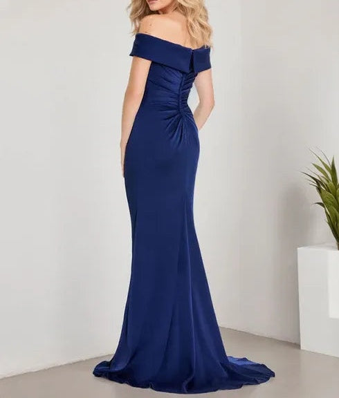 A-Line Off the Shoulder Floor-Length Mother of the Bride Dress Applique Beadings Mermaid Dress With  High Split