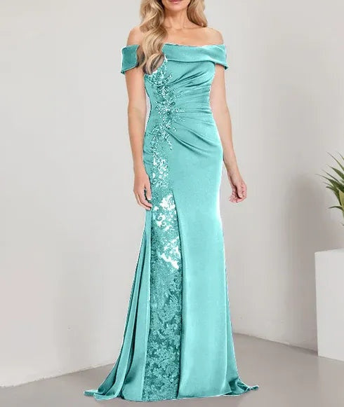 A-Line Off the Shoulder Floor-Length Mother of the Bride Dress Applique Beadings Mermaid Dress With  High Split