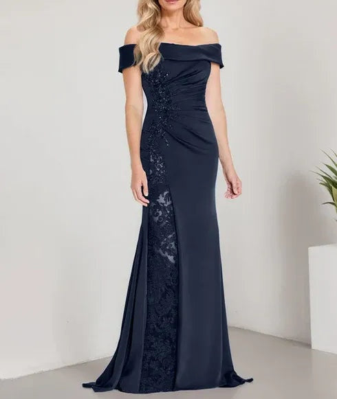 A-Line Off the Shoulder Floor-Length Mother of the Bride Dress Applique Beadings Mermaid Dress With  High Split