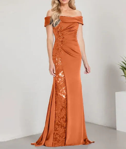 A-Line Off the Shoulder Floor-Length Mother of the Bride Dress Applique Beadings Mermaid Dress With  High Split