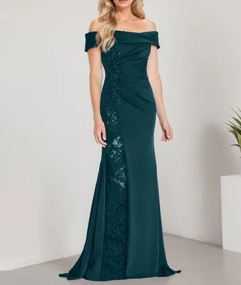 A-Line Off the Shoulder Floor-Length Mother of the Bride Dress Applique Beadings Mermaid Dress With  High Split