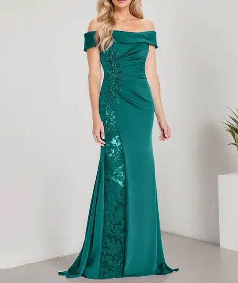 A-Line Off the Shoulder Floor-Length Mother of the Bride Dress Applique Beadings Mermaid Dress With  High Split