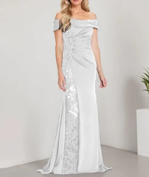 A-Line Off the Shoulder Floor-Length Mother of the Bride Dress Applique Beadings Mermaid Dress With  High Split