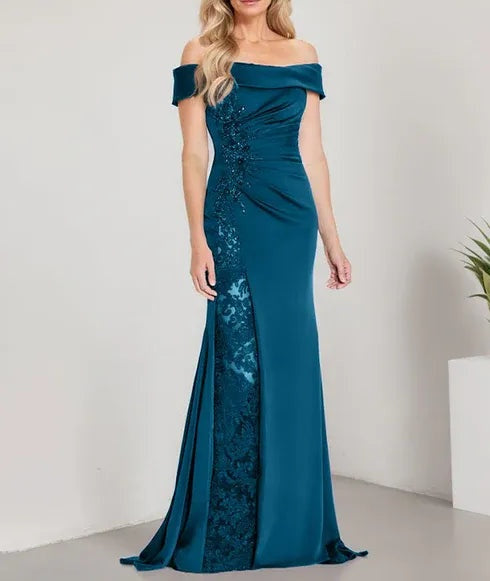 A-Line Off the Shoulder Floor-Length Mother of the Bride Dress Applique Beadings Mermaid Dress With  High Split