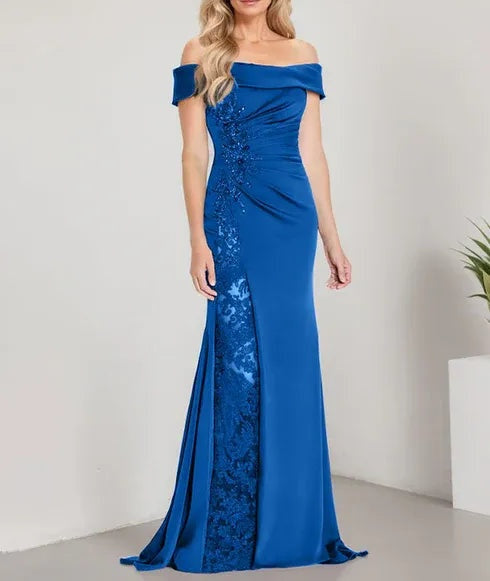 A-Line Off the Shoulder Floor-Length Mother of the Bride Dress Applique Beadings Mermaid Dress With  High Split