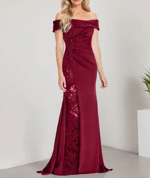 A-Line Off the Shoulder Floor-Length Mother of the Bride Dress Applique Beadings Mermaid Dress With  High Split