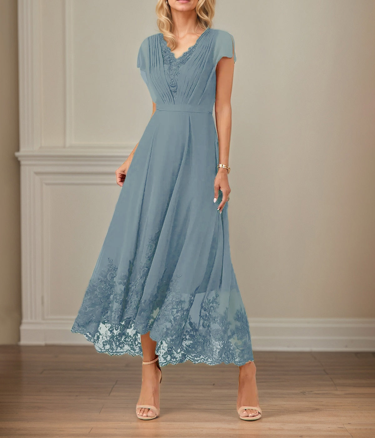 A Line V Neck Flutter Sleeve Ankle Length Chiffon Dress With Appliques