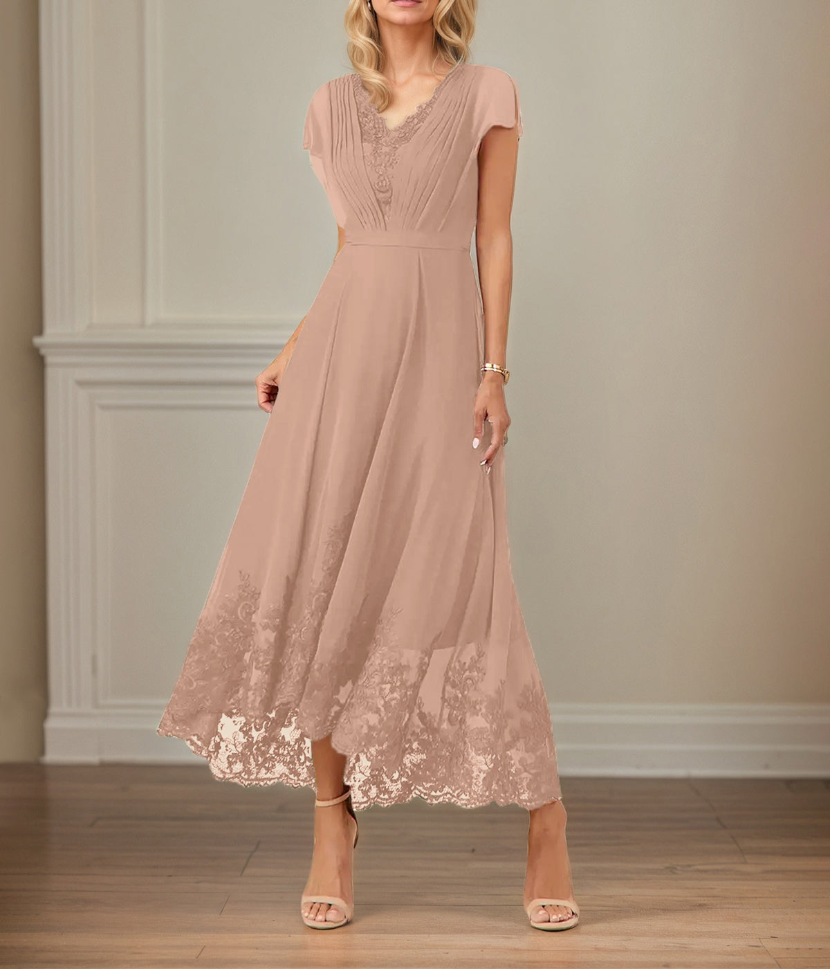 A Line V Neck Flutter Sleeve Ankle Length Chiffon Dress With Appliques