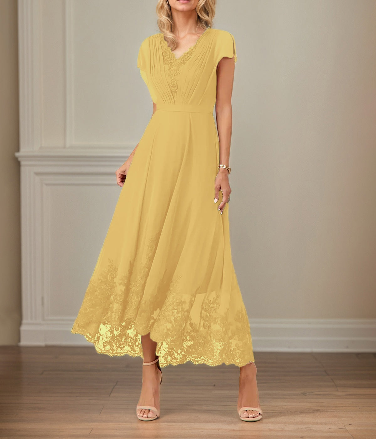 A Line V Neck Flutter Sleeve Ankle Length Chiffon Dress With Appliques