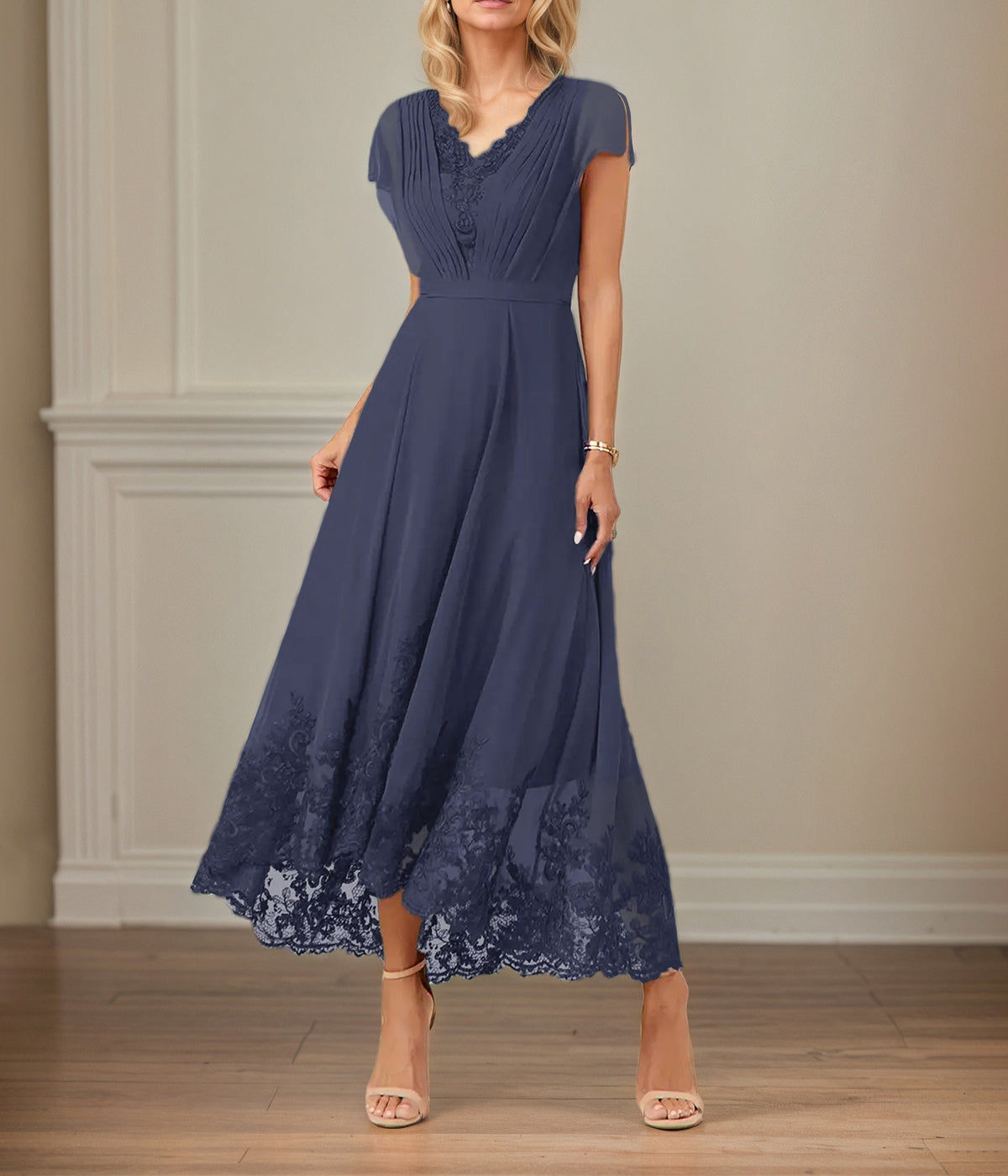 A Line V Neck Flutter Sleeve Ankle Length Chiffon Dress With Appliques