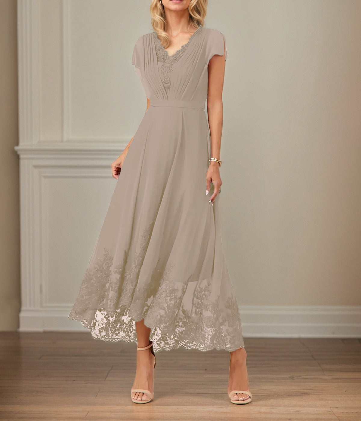 A Line V Neck Flutter Sleeve Ankle Length Chiffon Dress With Appliques