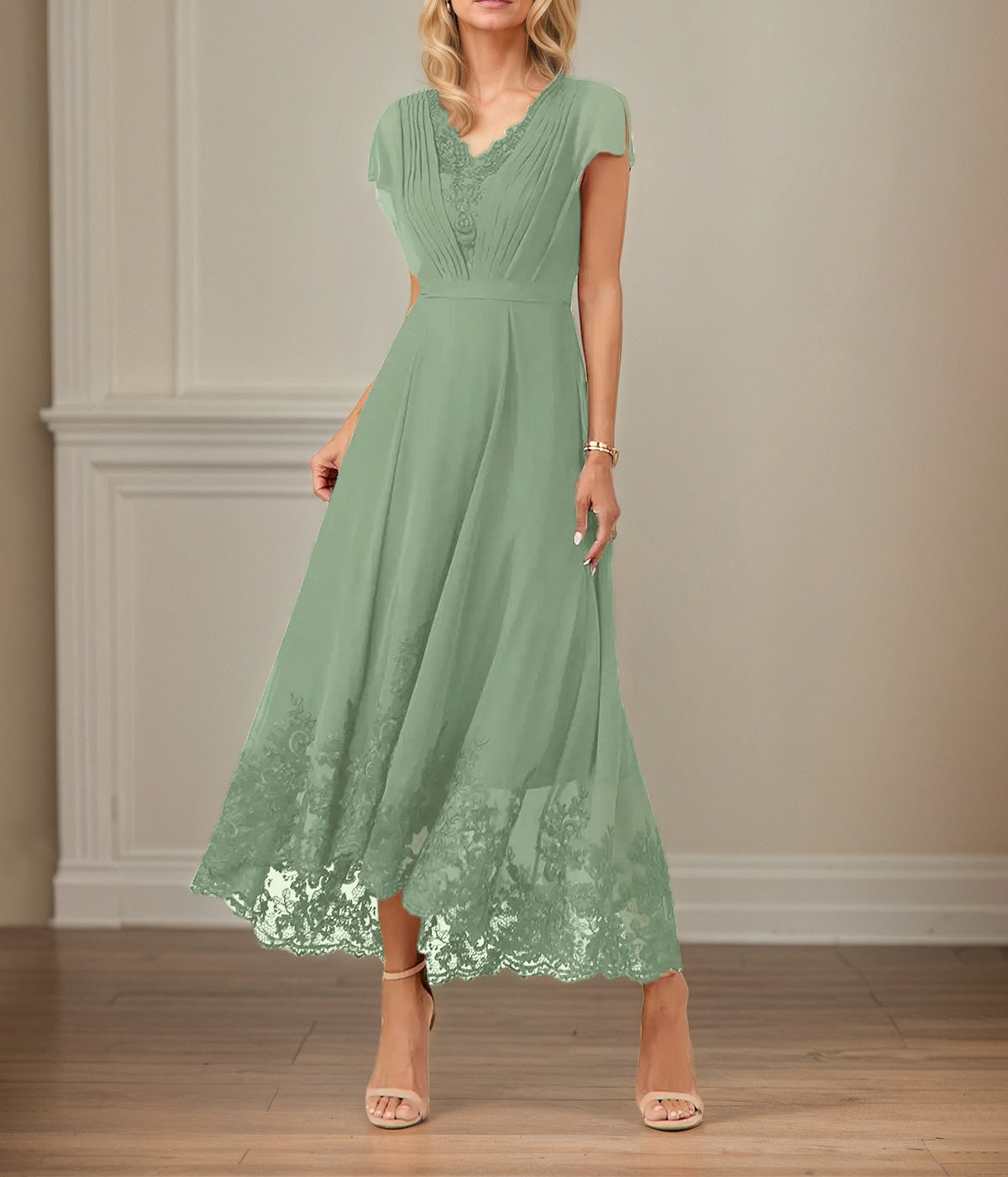 A Line V Neck Flutter Sleeve Ankle Length Chiffon Dress With Appliques