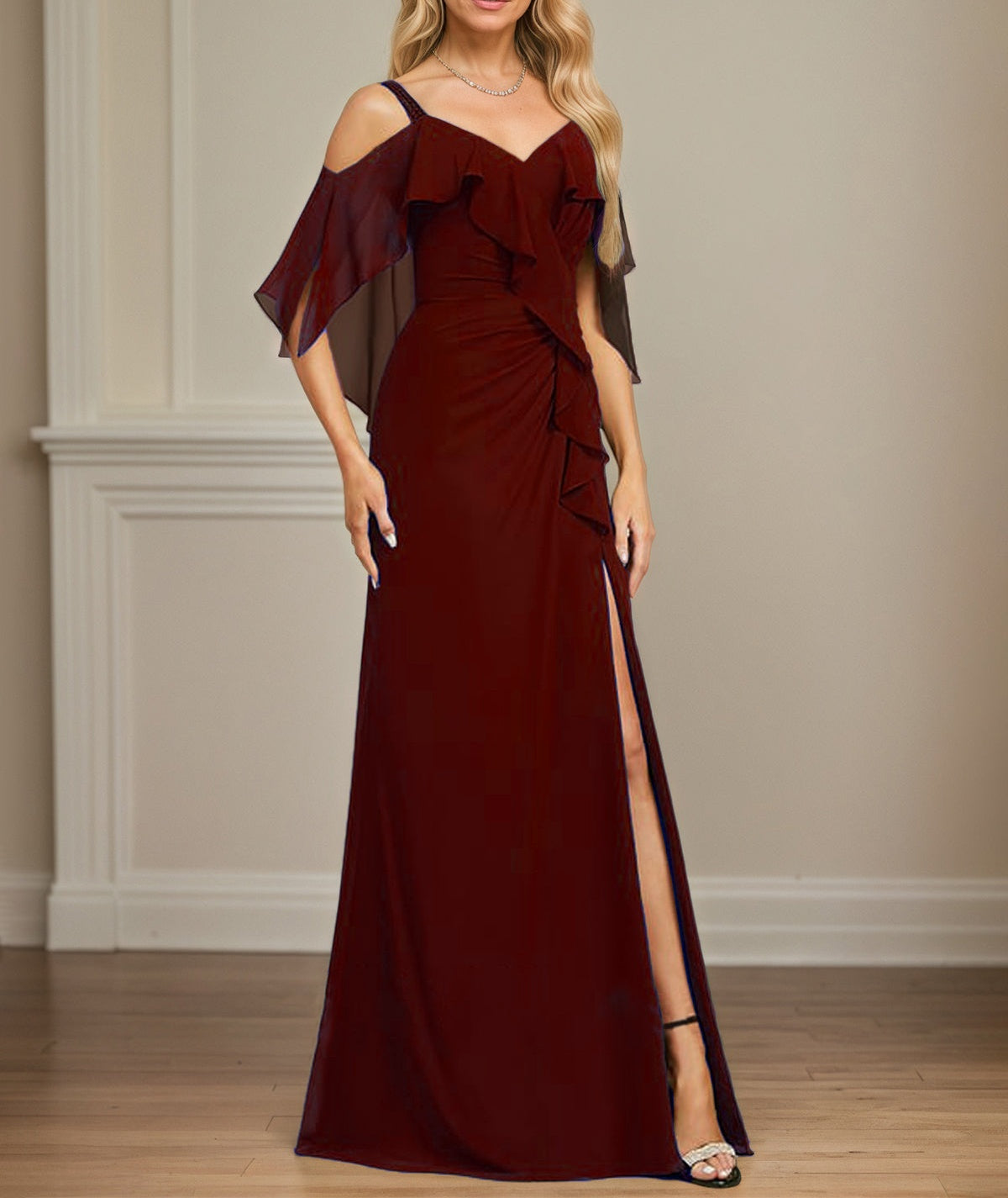 Sheath/Column Cold Shoulder V-Neck Floor-Length Chiffon Dress With Cascading Ruffles Sequins Beading