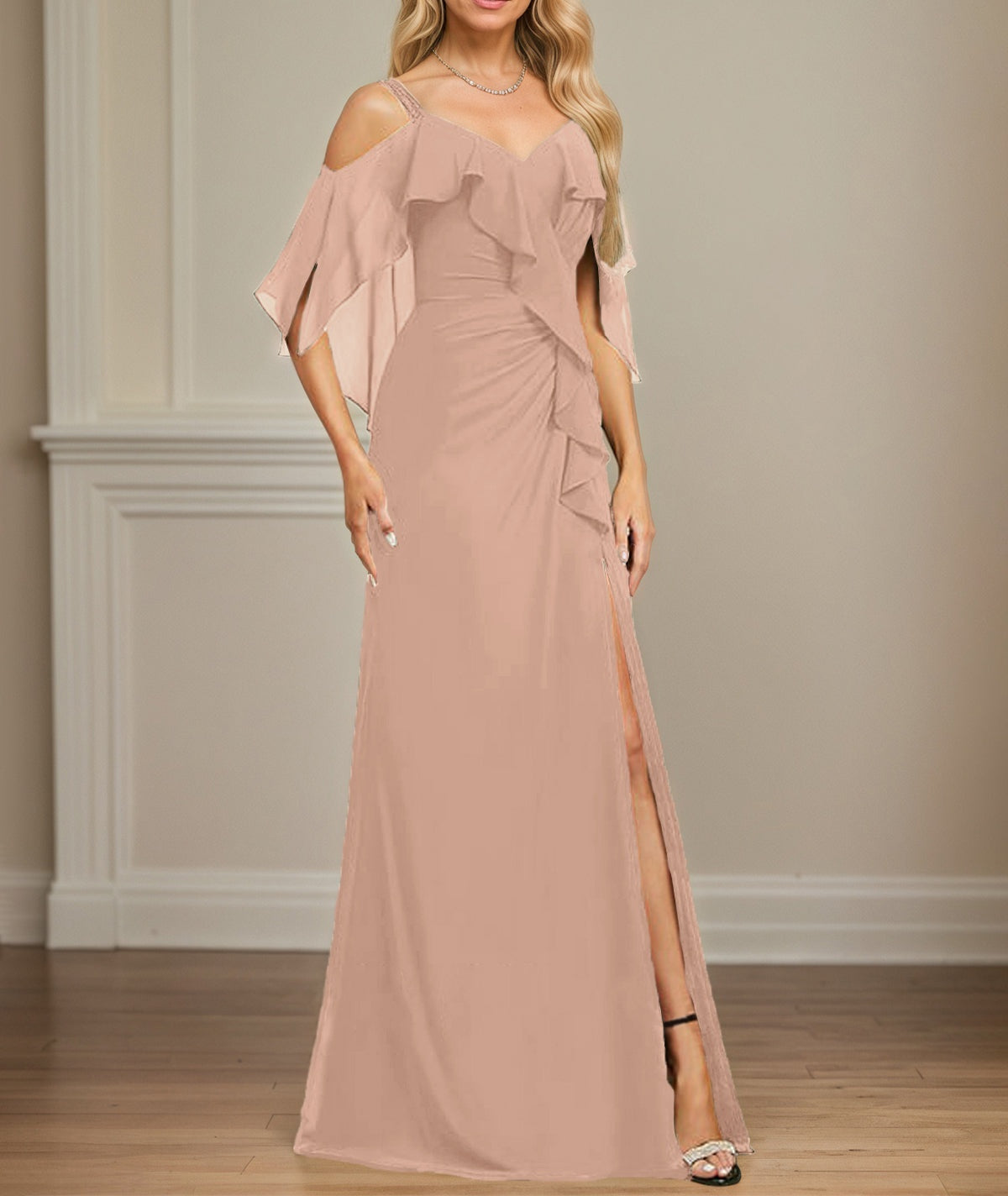 Sheath/Column Cold Shoulder V-Neck Floor-Length Chiffon Dress With Cascading Ruffles Sequins Beading