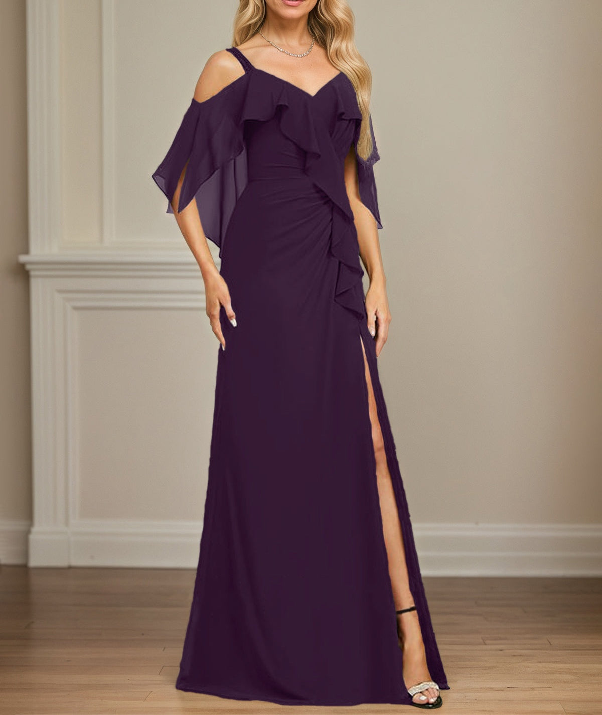 Sheath/Column Cold Shoulder V-Neck Floor-Length Chiffon Dress With Cascading Ruffles Sequins Beading