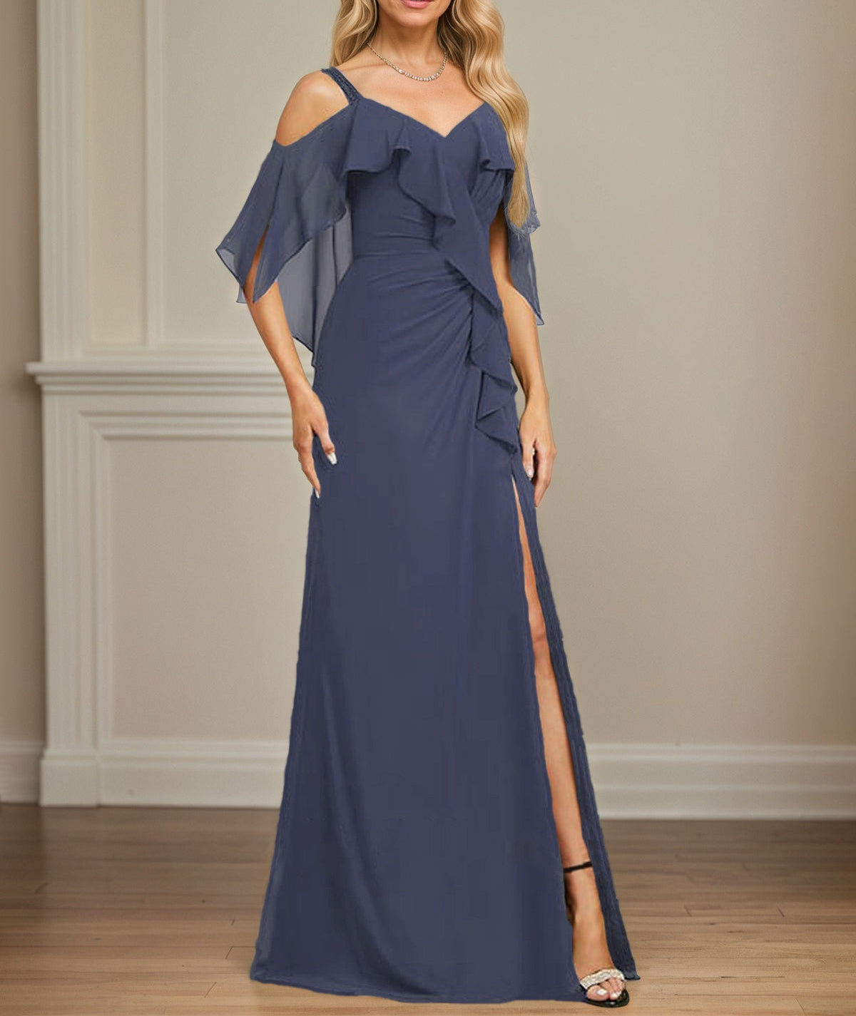 Sheath/Column Cold Shoulder V-Neck Floor-Length Chiffon Dress With Cascading Ruffles Sequins Beading