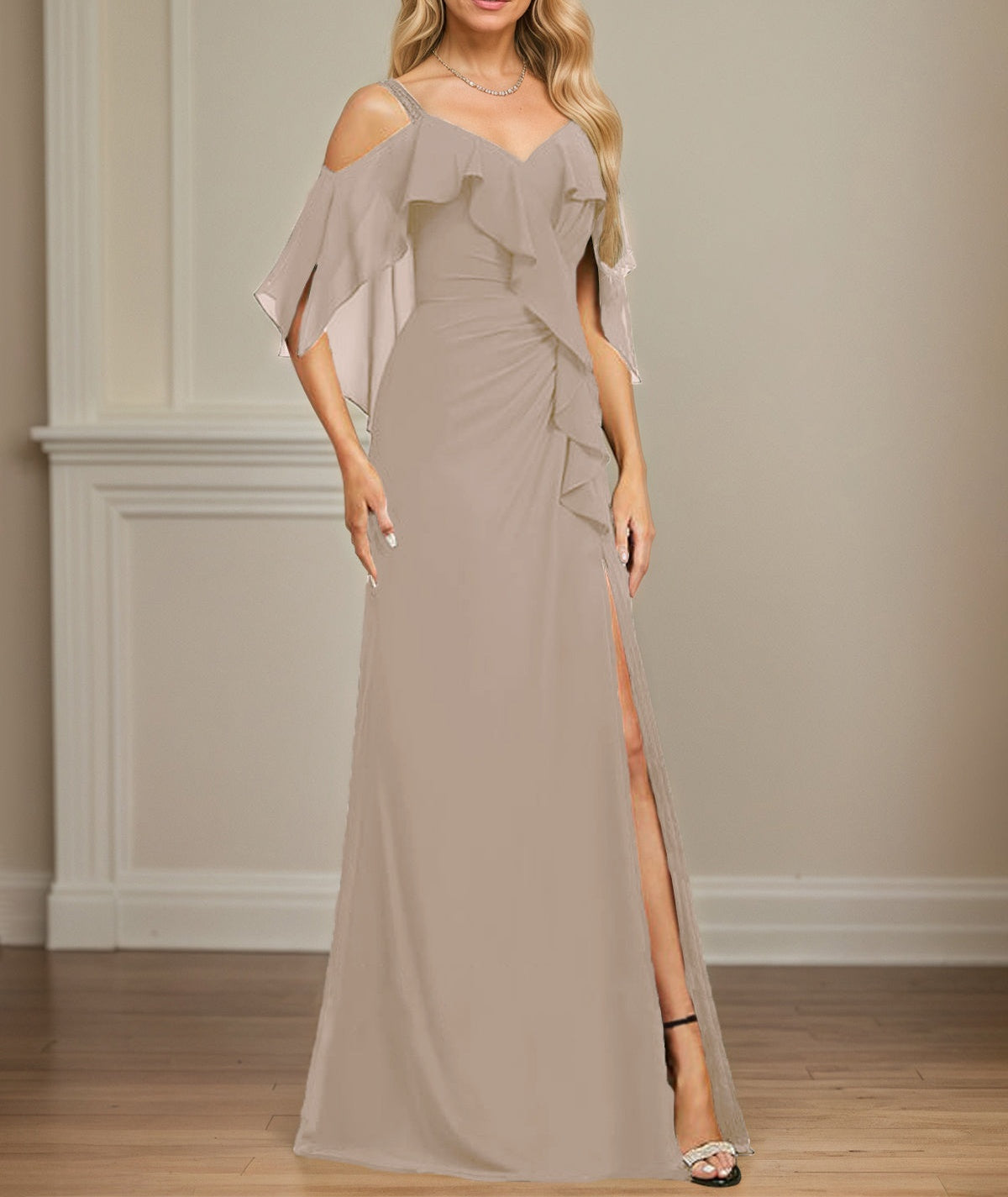 Sheath/Column Cold Shoulder V-Neck Floor-Length Chiffon Dress With Cascading Ruffles Sequins Beading