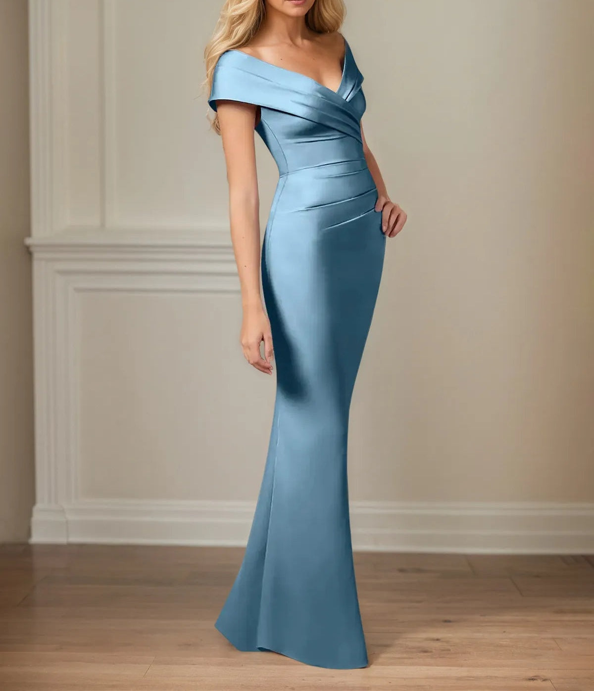 Trumpet/Mermaid V Neck Sleeveless Floor-Length Satin Dress With Pleated