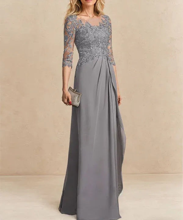 A-line Scoop Illusion Floor-Length Chiffon Lace Mother of the Bride Dress With Beading Sequins Cascading Ruffles