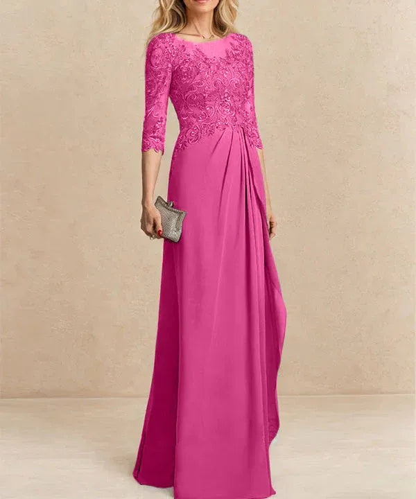 A-line Scoop Illusion Floor-Length Chiffon Lace Mother of the Bride Dress With Beading Sequins Cascading Ruffles