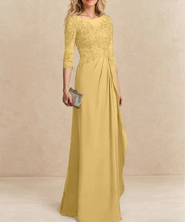 A-line Scoop Illusion Floor-Length Chiffon Lace Mother of the Bride Dress With Beading Sequins Cascading Ruffles