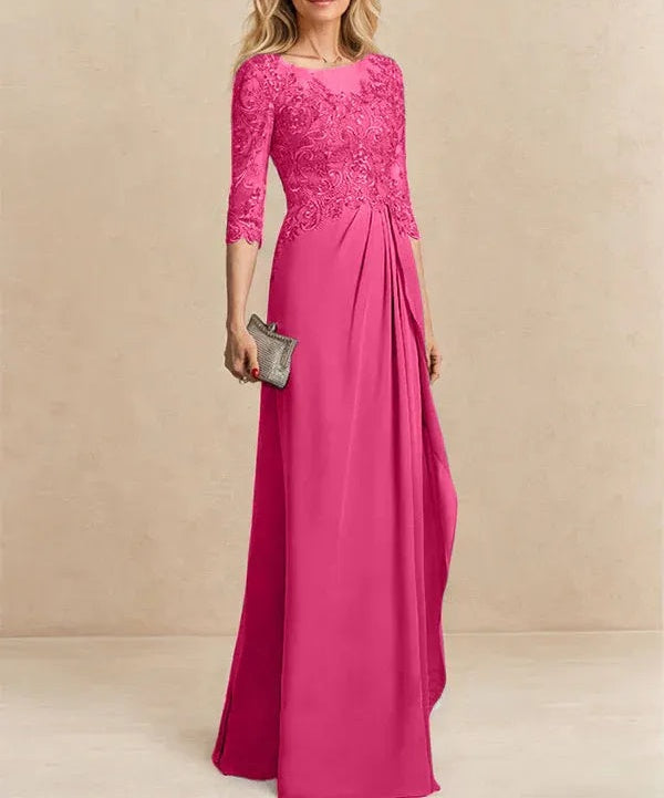 A-line Scoop Illusion Floor-Length Chiffon Lace Mother of the Bride Dress With Beading Sequins Cascading Ruffles