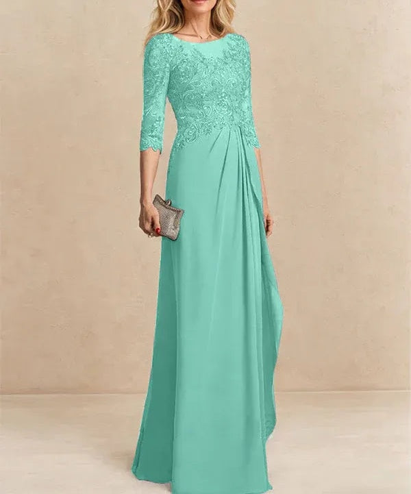 A-line Scoop Illusion Floor-Length Chiffon Lace Mother of the Bride Dress With Beading Sequins Cascading Ruffles