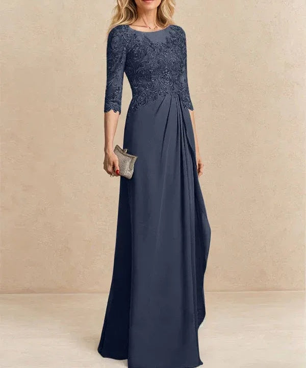 A-line Scoop Illusion Floor-Length Chiffon Lace Mother of the Bride Dress With Beading Sequins Cascading Ruffles