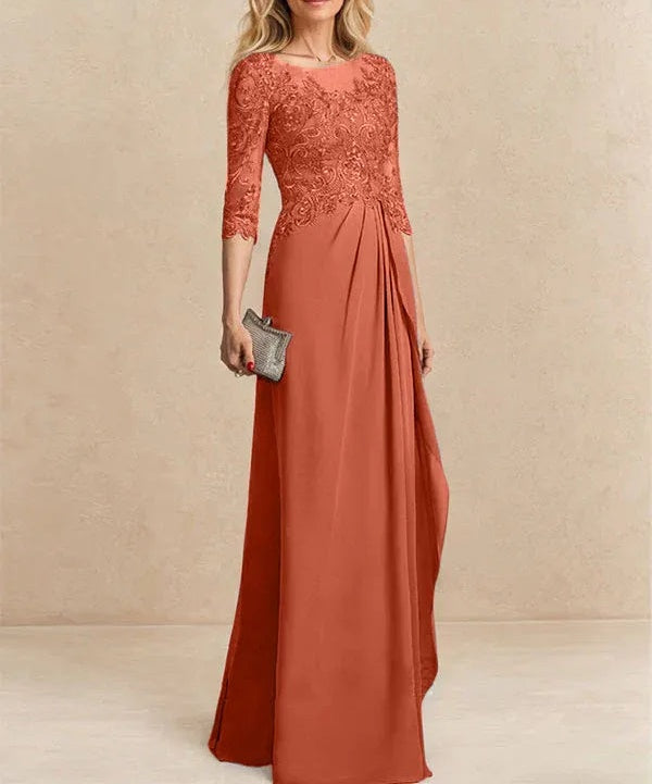 A-line Scoop Illusion Floor-Length Chiffon Lace Mother of the Bride Dress With Beading Sequins Cascading Ruffles