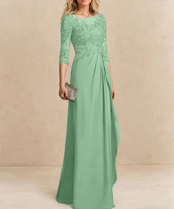A-line Scoop Illusion Floor-Length Chiffon Lace Mother of the Bride Dress With Beading Sequins Cascading Ruffles