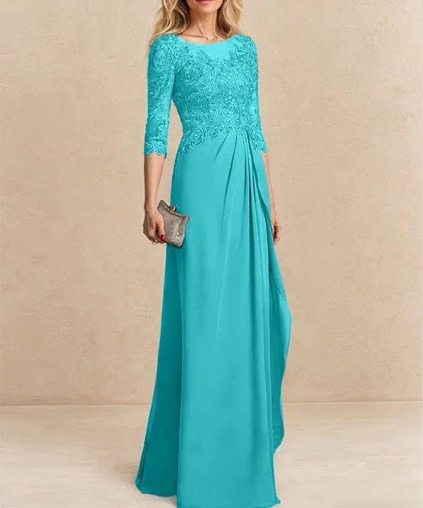 A-line Scoop Illusion Floor-Length Chiffon Lace Mother of the Bride Dress With Beading Sequins Cascading Ruffles