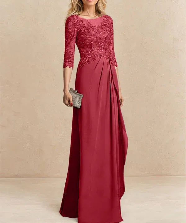 A-line Scoop Illusion Floor-Length Chiffon Lace Mother of the Bride Dress With Beading Sequins Cascading Ruffles