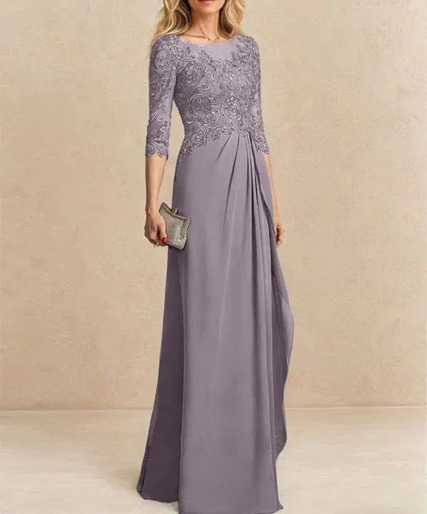 A-line Scoop Illusion Floor-Length Chiffon Lace Mother of the Bride Dress With Beading Sequins Cascading Ruffles