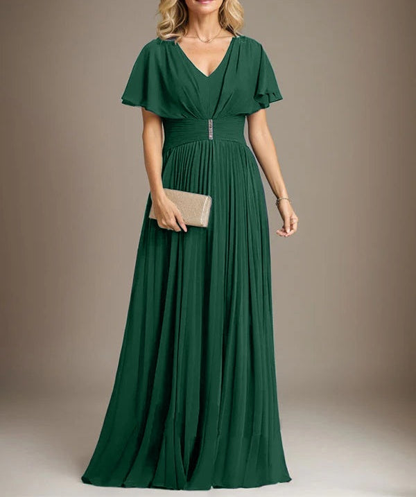 A-line V-Neck Floor-Length Chiffon Mother of the Bride Dress With Crystal Brooch Pleated