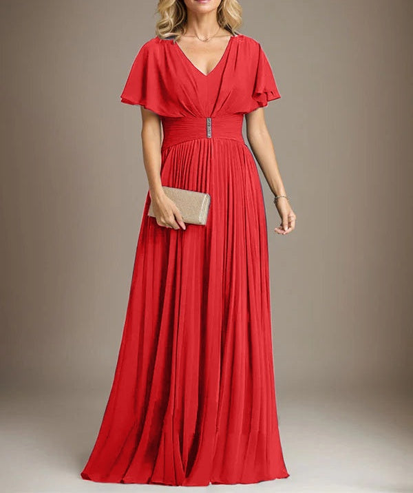 A-line V-Neck Floor-Length Chiffon Mother of the Bride Dress With Crystal Brooch Pleated