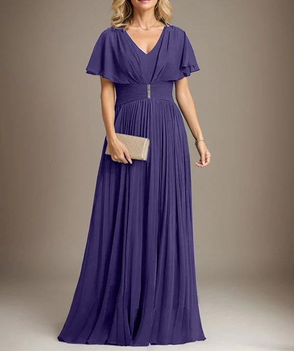 A-line V-Neck Floor-Length Chiffon Mother of the Bride Dress With Crystal Brooch Pleated