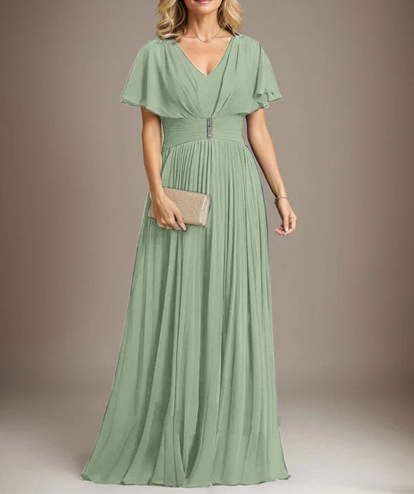 A-line V-Neck Floor-Length Chiffon Mother of the Bride Dress With Crystal Brooch Pleated