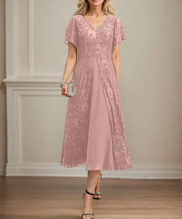 A-line V-Neck Tea-Length Lace Chiffon Mother of the Bride Dress