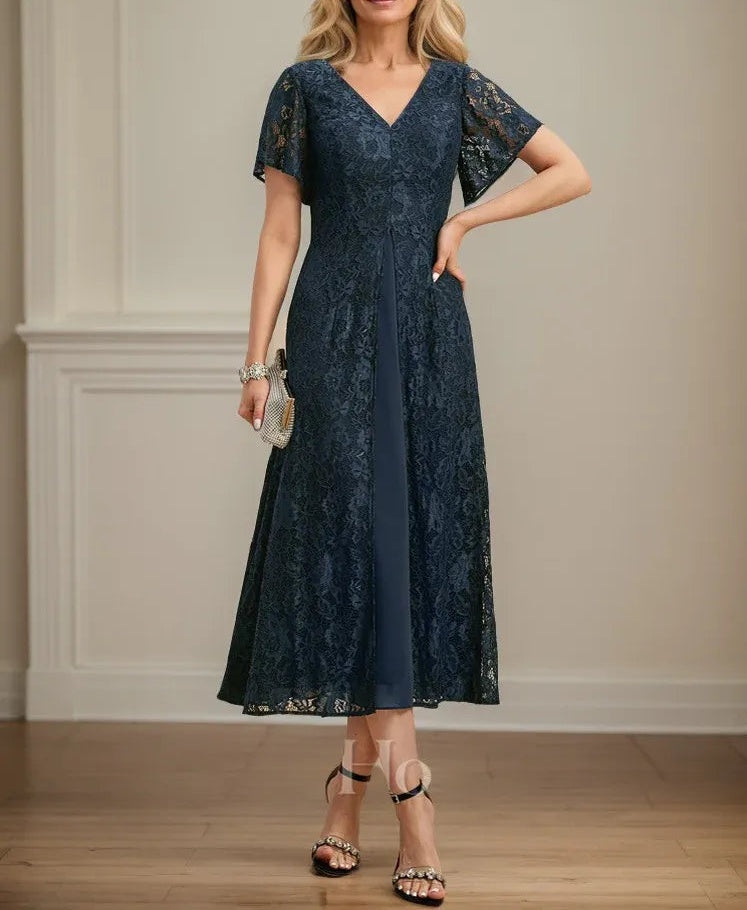 A-line V-Neck Tea-Length Lace Chiffon Mother of the Bride Dress