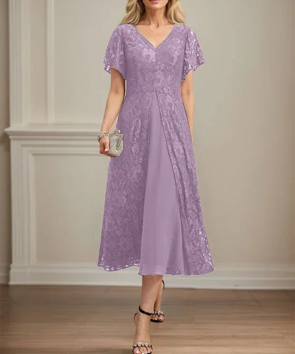 A-line V-Neck Tea-Length Lace Chiffon Mother of the Bride Dress