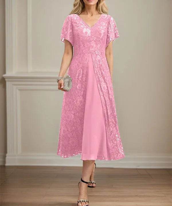 A-line V-Neck Tea-Length Lace Chiffon Mother of the Bride Dress